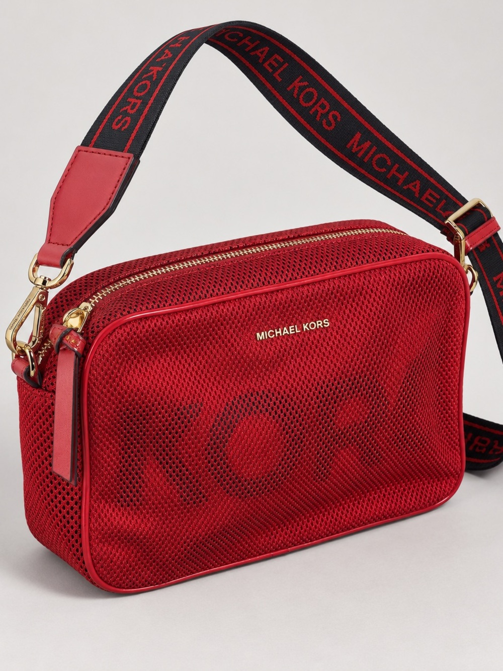 Michael Kors Red Mesh Camera Crossbody Bag Logo Strap Gold Tone